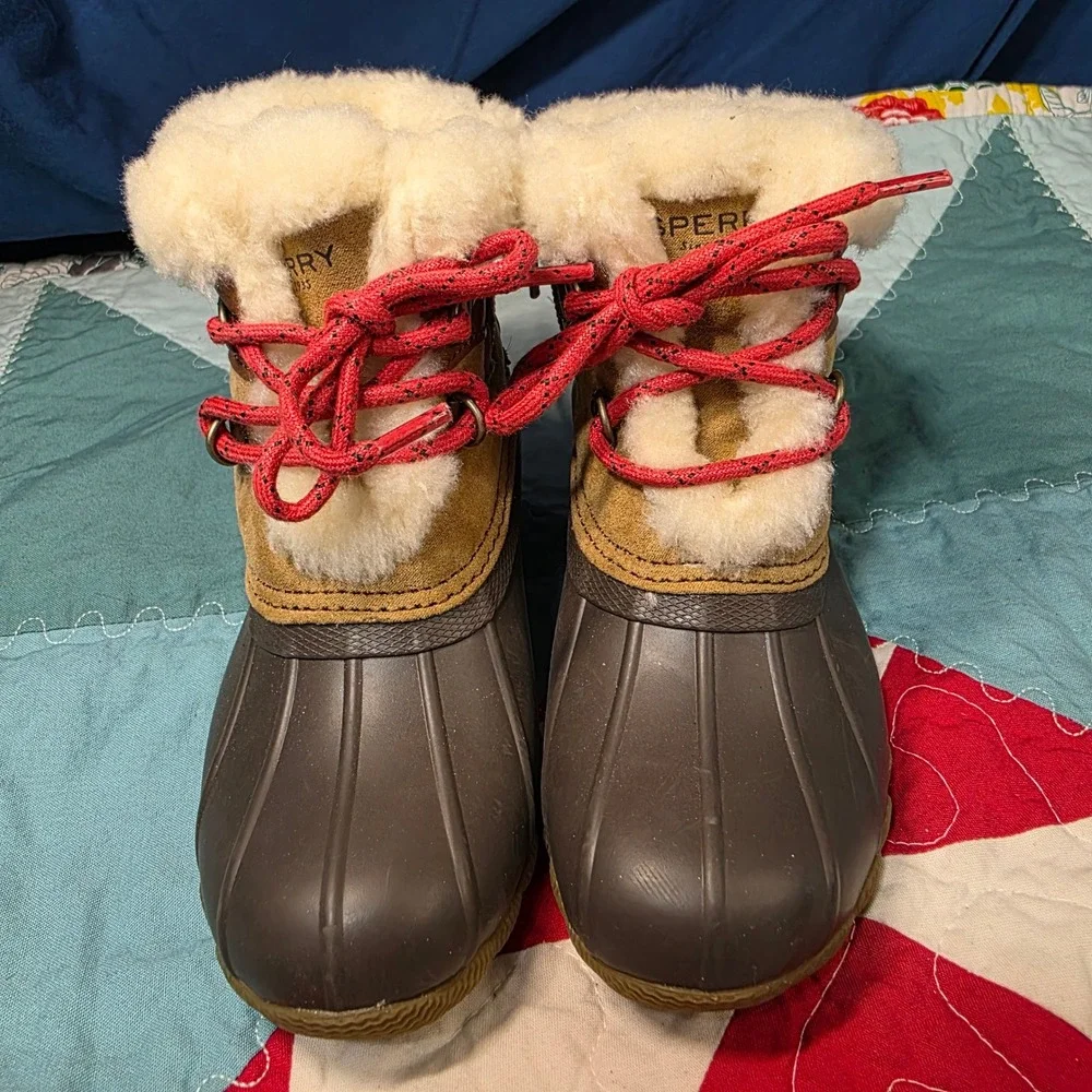 Sperry Saltwater Duck Boots Kids Size 10 Brown Tan Faux‎ Fur Waterproof Zip
